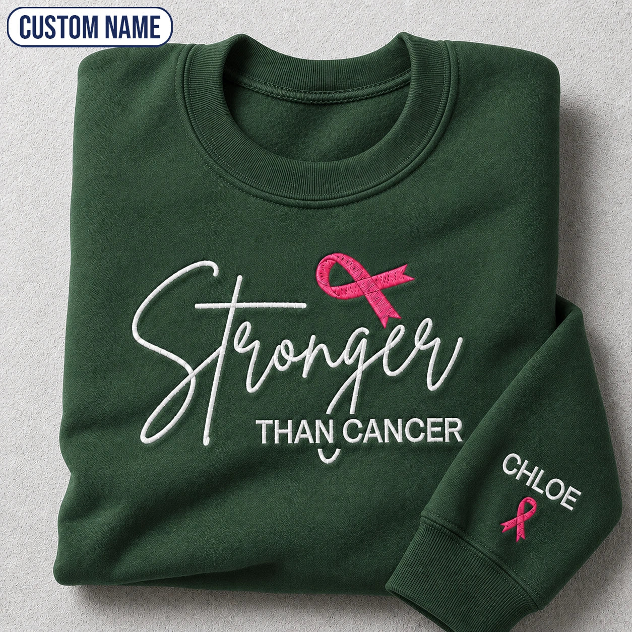 Personalized Stronger Pink Ribbon Embroidered Unisex Crewneck Sweatshirt, Awareness Gift