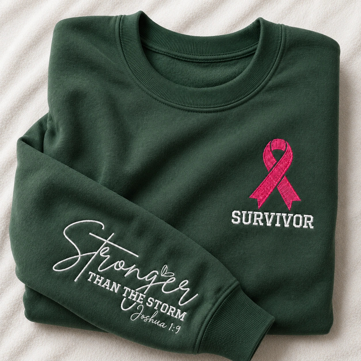 Stronger Than The Storm Embroidered Unisex Crewneck Sweatshirt, Pink Ribbon Awareness Gift