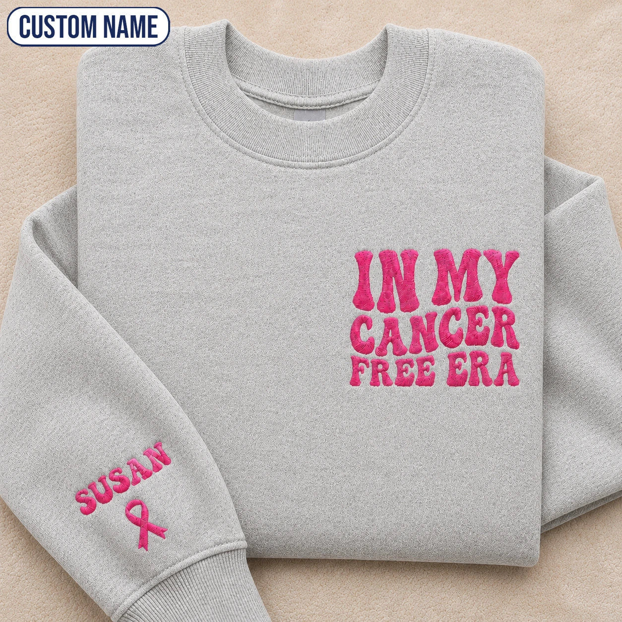 Personalized In My Free Era Pink Ribbon Embroidered Unisex Crewneck Sweatshirt, Awareness Gift