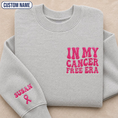 Personalized In My Free Era Pink Ribbon Embroidered Unisex Crewneck Sweatshirt, Awareness Gift