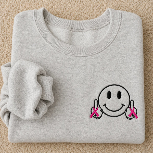 Hey Pink Ribbon Smiley Embroidered Unisex Crewneck Sweatshirt, Awareness Gift