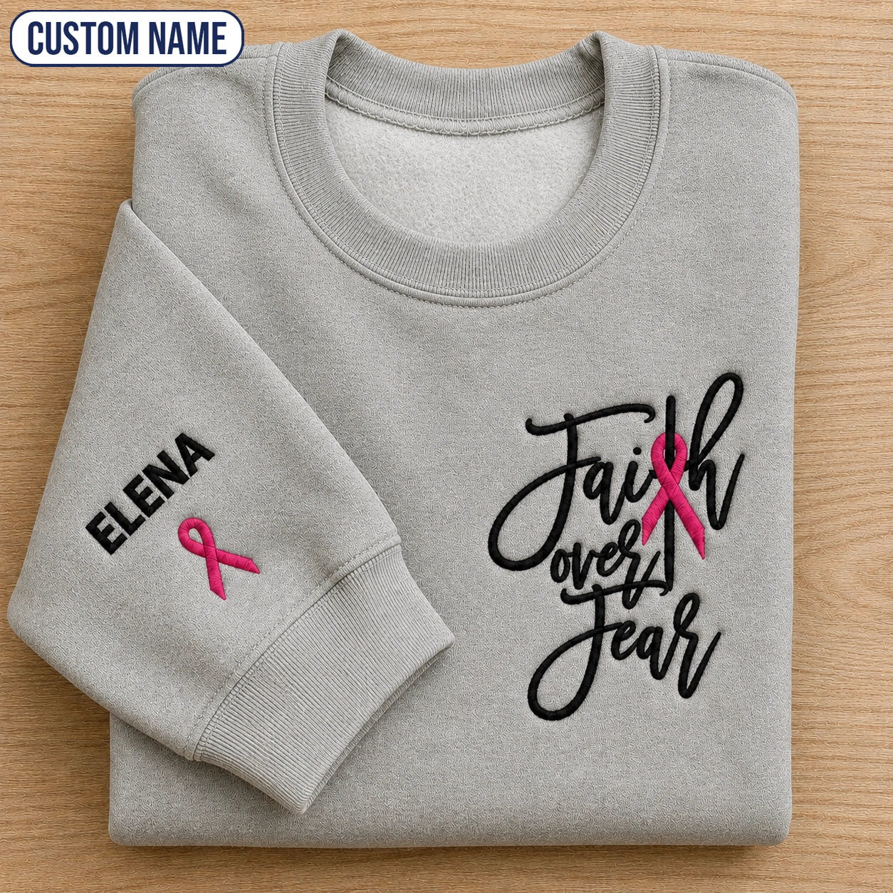 Personalized Faith Over Fear Embroidered Unisex Crewneck Sweatshirt, Pink Ribbon Awareness Gift