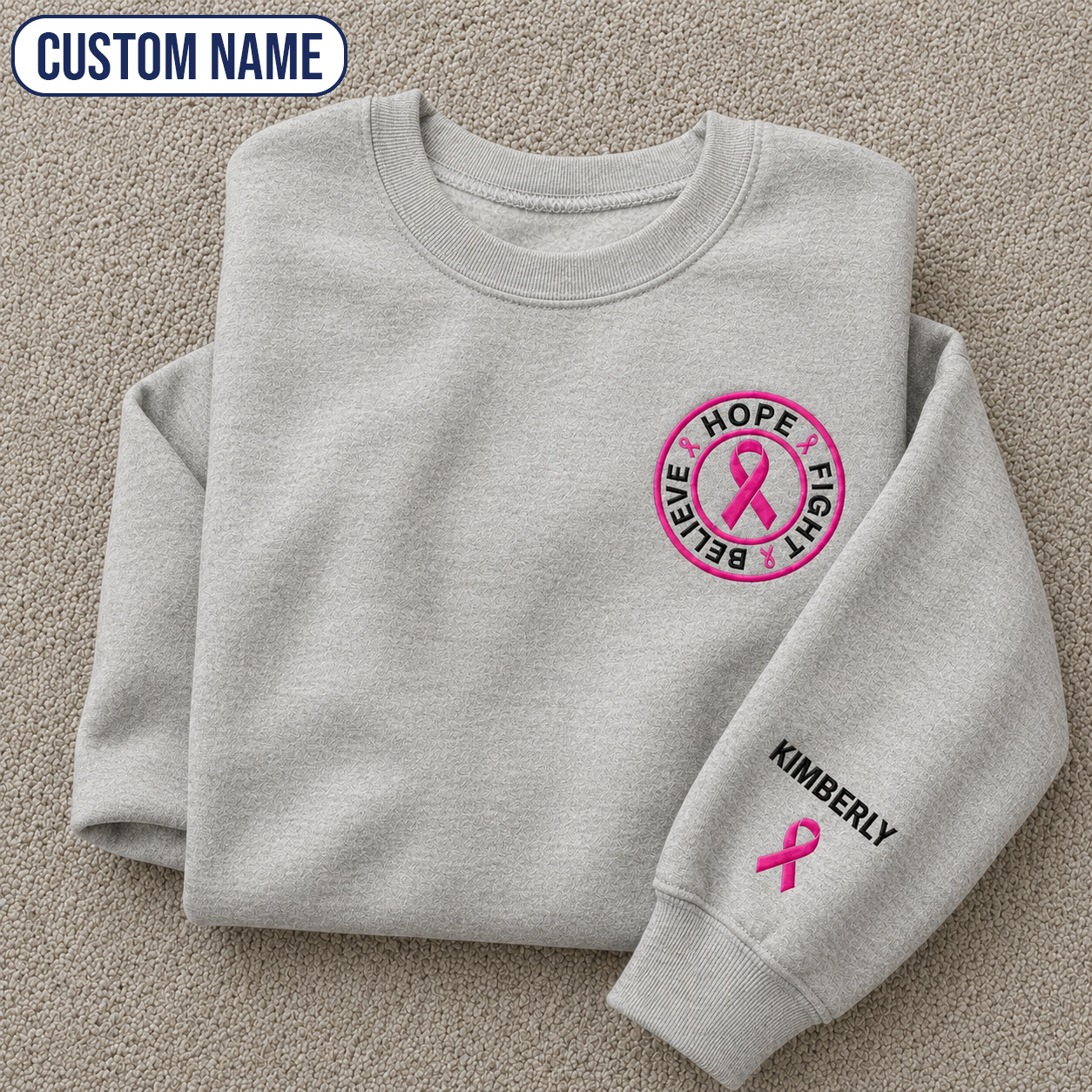 Personalized Believe Hope and Fight Embroidered Unisex Crewneck Sweatshirt, Pink Ribbon Awareness Gift