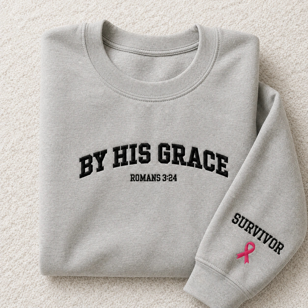 By His Grace Embroidered Unisex Crewneck Sweatshirt, Pink Ribbon Awareness Gift
