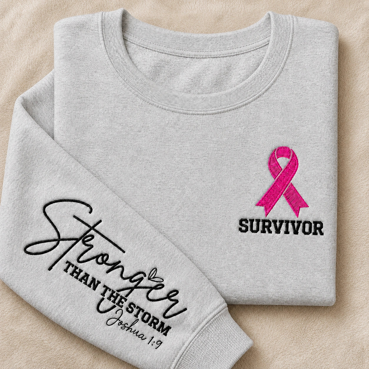 Stronger Than The Storm Embroidered Unisex Crewneck Sweatshirt, Pink Ribbon Awareness Gift