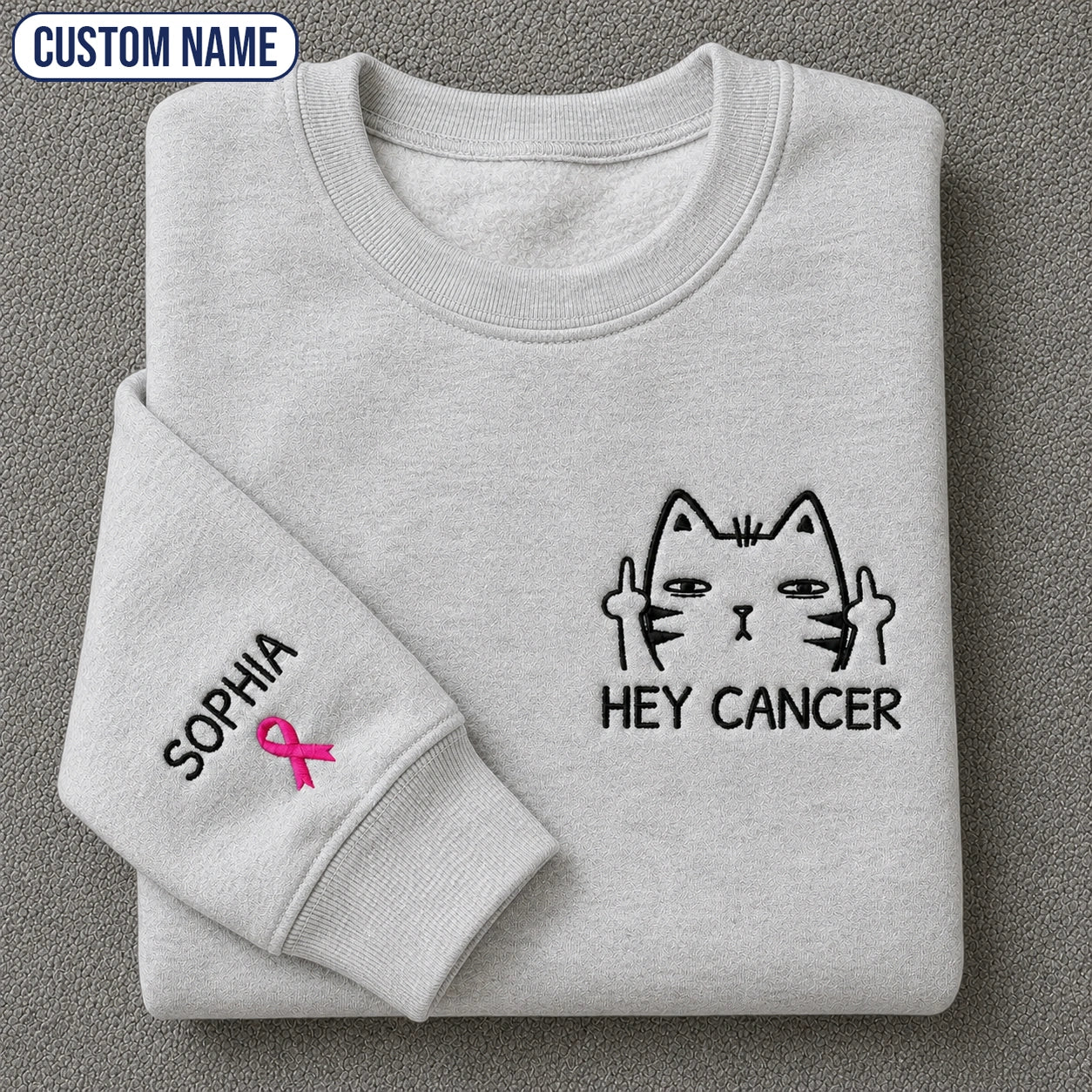 Personalized Funny Cat Pink Ribbon Embroidered Unisex Crewneck Sweatshirt, Awareness Gift