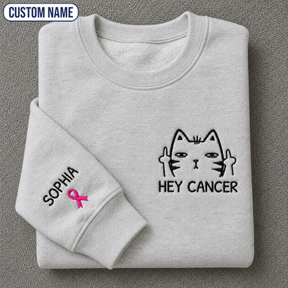 Personalized Funny Cat Pink Ribbon Embroidered Unisex Crewneck Sweatshirt, Awareness Gift
