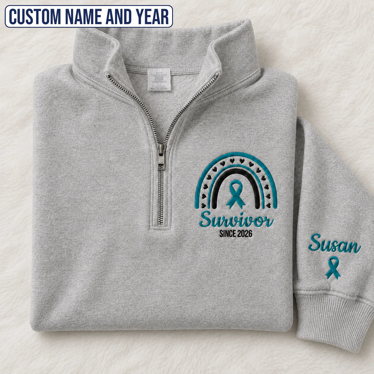 Personalized Teal Ribbon-Inspired Name & Year Embroidered Unisex Quarter Zip Sweatshirt, Awareness Gift