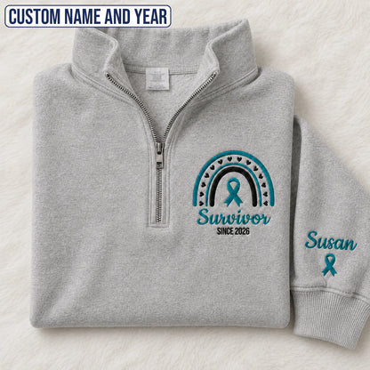 Personalized Teal Ribbon-Inspired Name & Year Embroidered Unisex Quarter Zip Sweatshirt, Awareness Gift