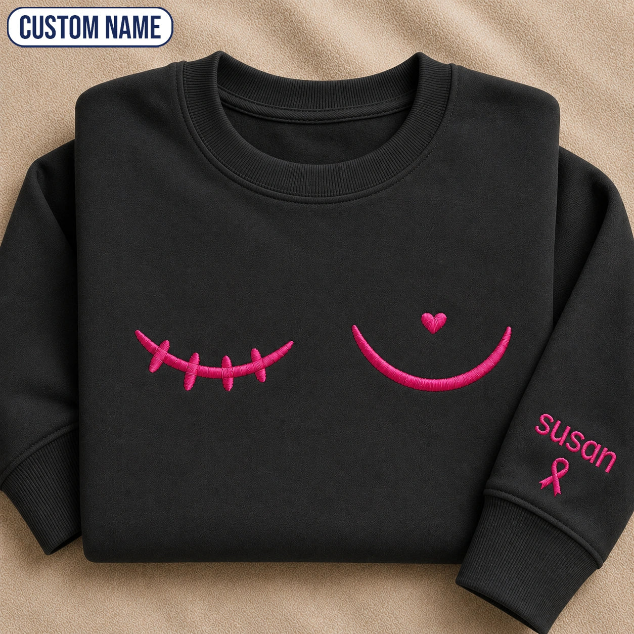Personalized Minimal Pink Ribbon Line Embroidered Unisex Crewneck Sweatshirt, Awareness Gift