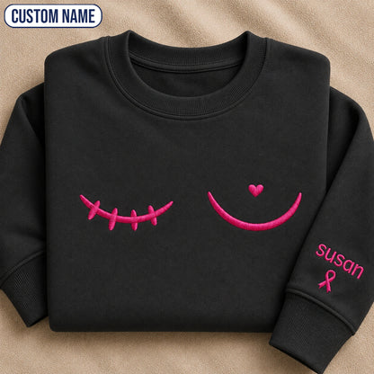 Personalized Minimal Pink Ribbon Line Embroidered Unisex Crewneck Sweatshirt, Awareness Gift