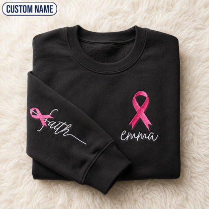 Personalized Faith Pink Ribbon Embroidered Unisex Crewneck Sweatshirt, Awareness Gift