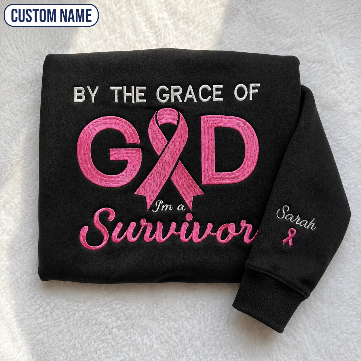 Personalized By the Grace of God Embroidered Unisex Crewneck Sweatshirt, Pink Ribbon Awareness Gift