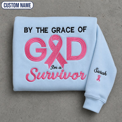 Personalized By the Grace of God Embroidered Unisex Crewneck Sweatshirt, Pink Ribbon Awareness Gift