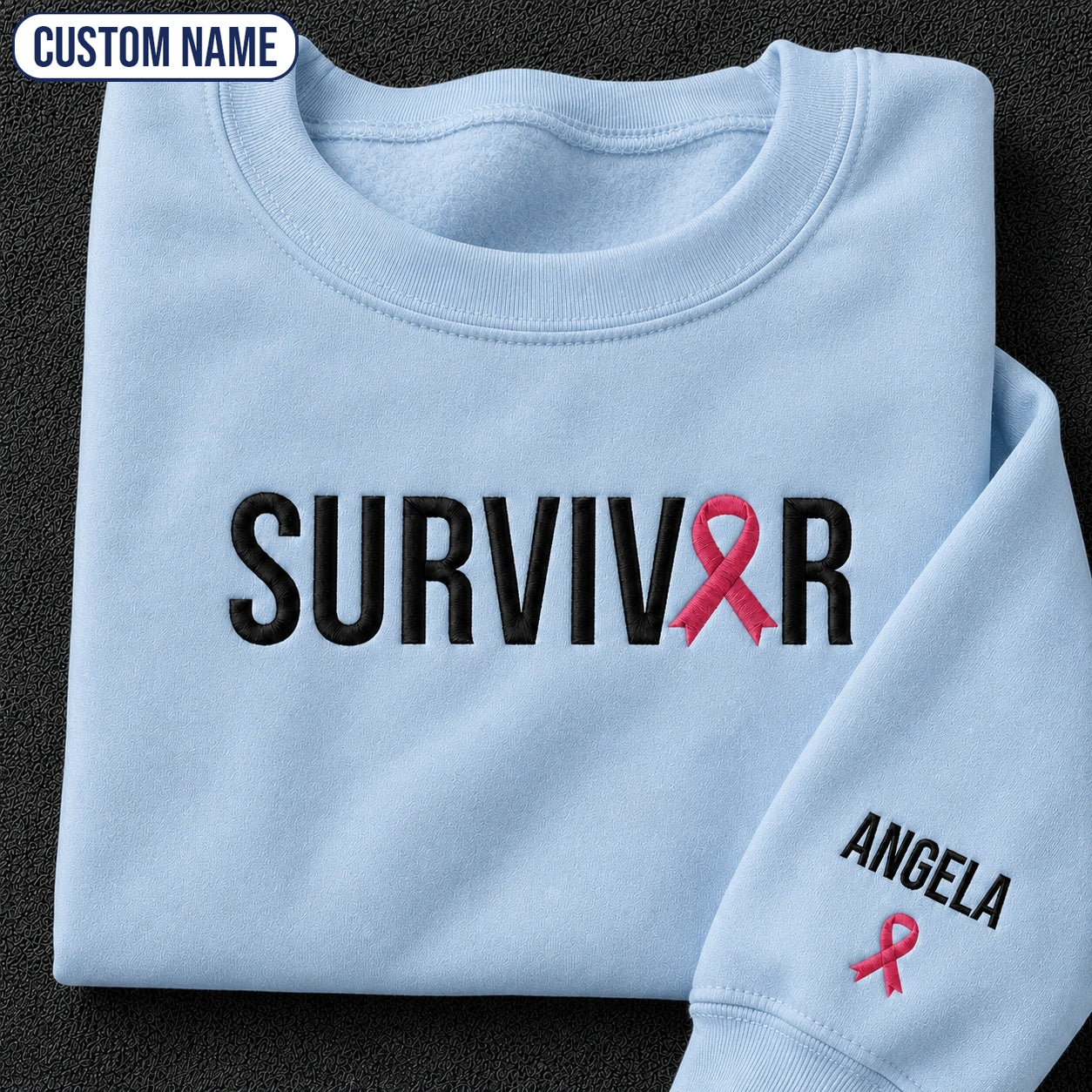 Personalized Pink Ribbon Name Embroidered Unisex Crewneck Sweatshirt, Awareness Gift