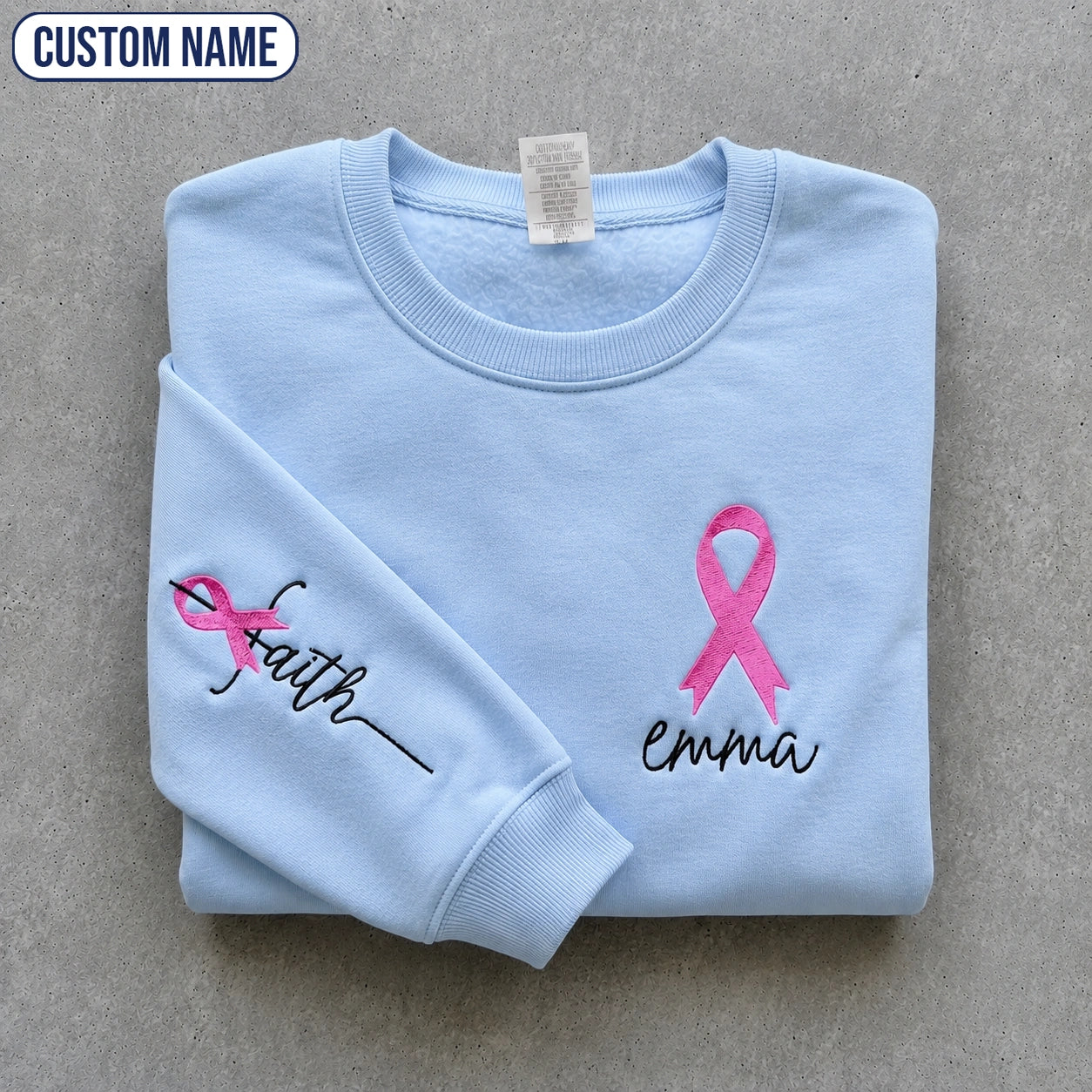 Personalized Faith Pink Ribbon Embroidered Unisex Crewneck Sweatshirt, Awareness Gift