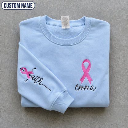 Personalized Faith Pink Ribbon Embroidered Unisex Crewneck Sweatshirt, Awareness Gift