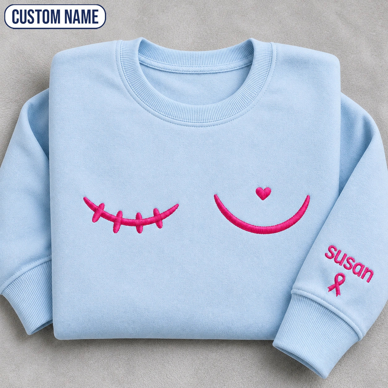 Personalized Minimal Pink Ribbon Line Embroidered Unisex Crewneck Sweatshirt, Awareness Gift