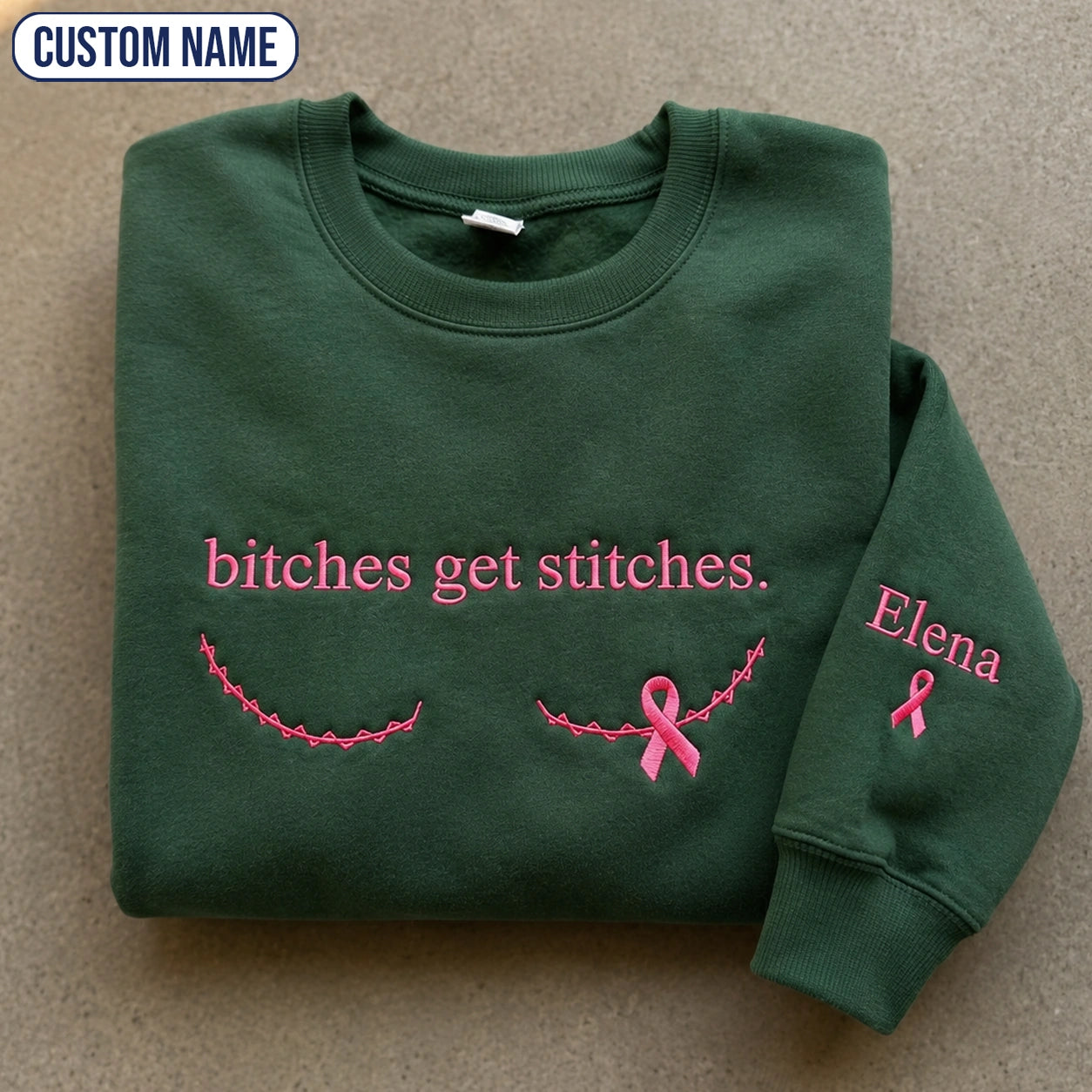 Personalized Bitches Get Stitches Embroidered Unisex Crewneck Sweatshirt, Pink Ribbon Awareness Gift
