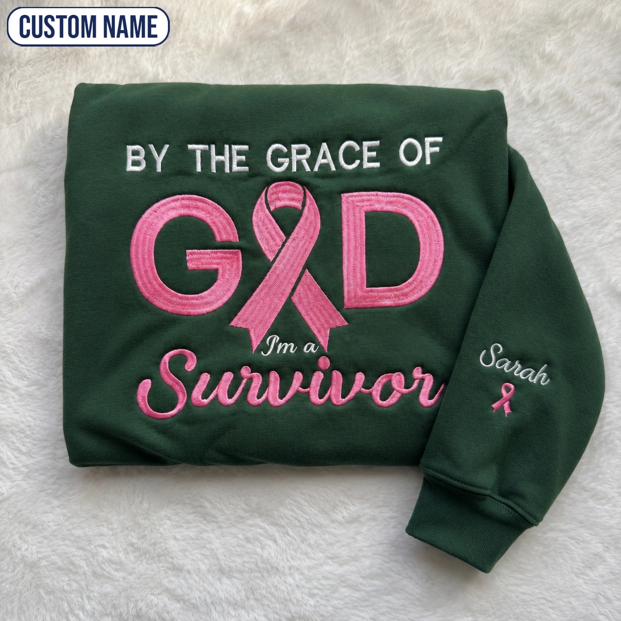 Personalized By the Grace of God Embroidered Unisex Crewneck Sweatshirt, Pink Ribbon Awareness Gift