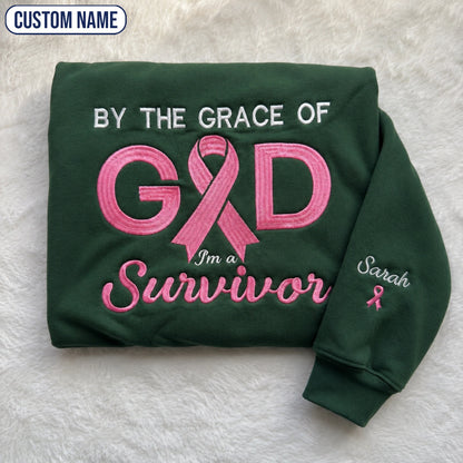 Personalized By the Grace of God Embroidered Unisex Crewneck Sweatshirt, Pink Ribbon Awareness Gift
