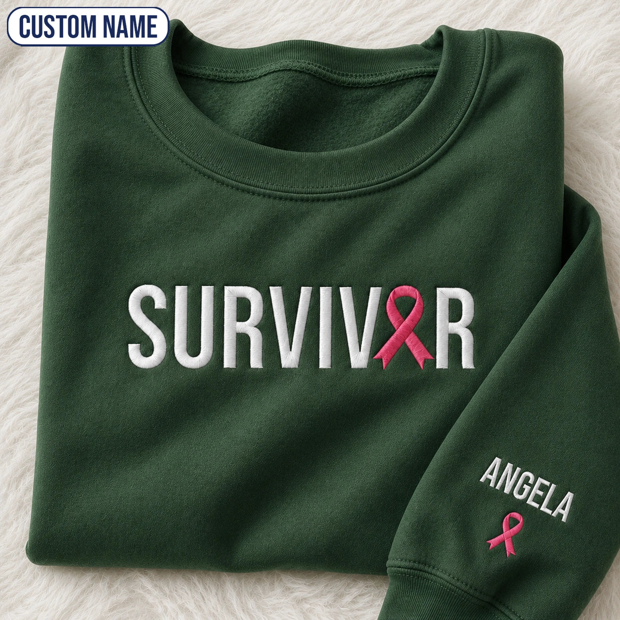 Personalized Pink Ribbon Name Embroidered Unisex Crewneck Sweatshirt, Awareness Gift
