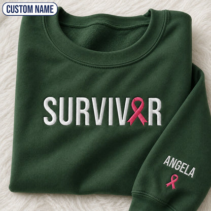 Personalized Pink Ribbon Name Embroidered Unisex Crewneck Sweatshirt, Awareness Gift