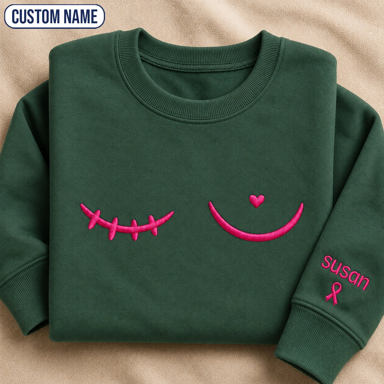Personalized Minimal Pink Ribbon Line Embroidered Unisex Crewneck Sweatshirt, Awareness Gift