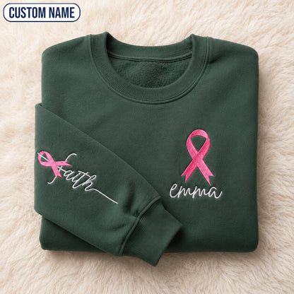Personalized Faith Pink Ribbon Embroidered Unisex Crewneck Sweatshirt, Awareness Gift