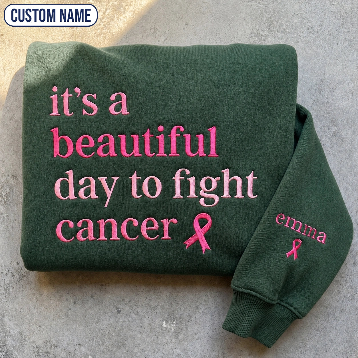 Personalized It's a Beautiful Day Embroidered Unisex Crewneck Sweatshirt, Pink Ribbon Awareness Gift