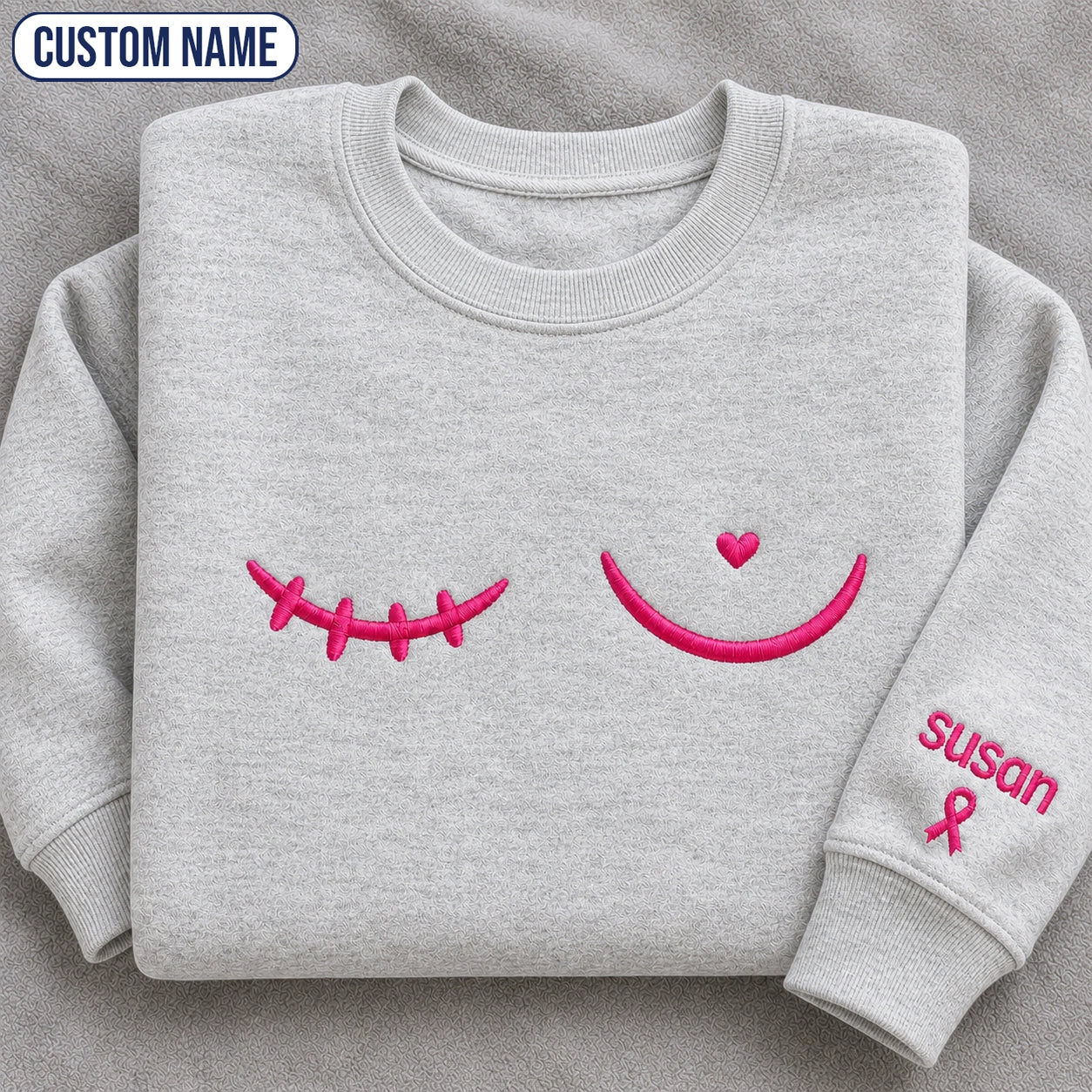 Personalized Minimal Pink Ribbon Line Embroidered Unisex Crewneck Sweatshirt, Awareness Gift