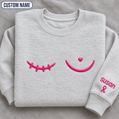 Personalized Minimal Pink Ribbon Line Embroidered Unisex Crewneck Sweatshirt, Awareness Gift