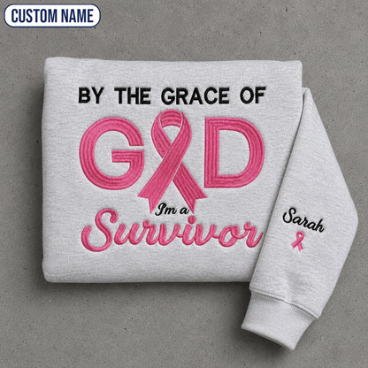 Personalized By the Grace of God Embroidered Unisex Crewneck Sweatshirt, Pink Ribbon Awareness Gift