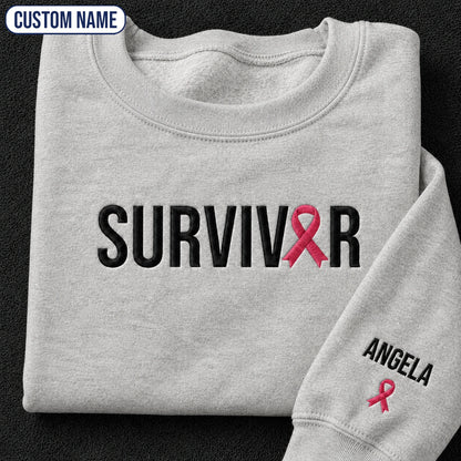 Personalized Pink Ribbon Name Embroidered Unisex Crewneck Sweatshirt, Awareness Gift