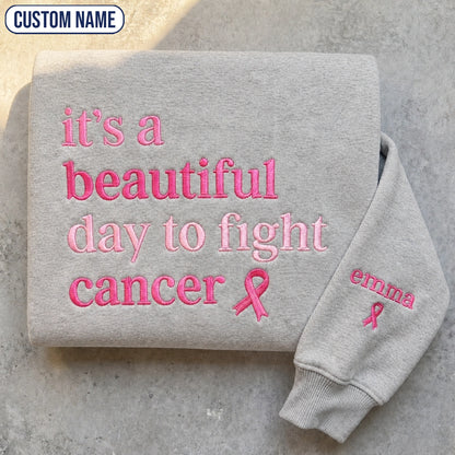 Personalized It's a Beautiful Day Embroidered Unisex Crewneck Sweatshirt, Pink Ribbon Awareness Gift
