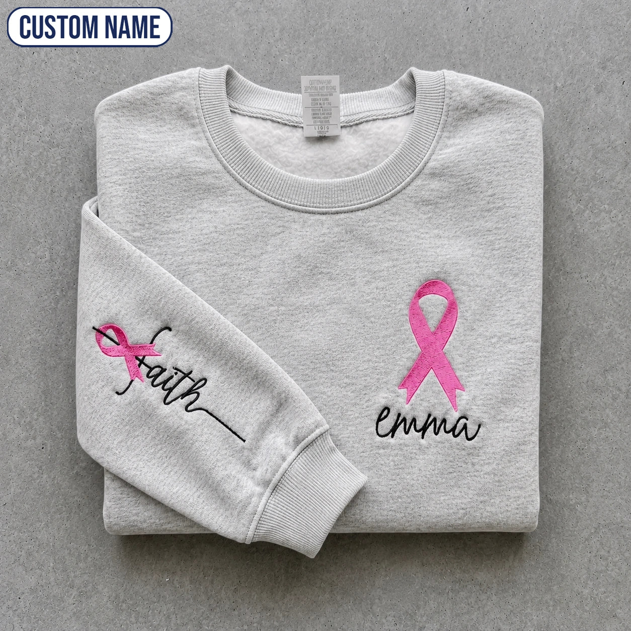 Personalized Faith Pink Ribbon Embroidered Unisex Crewneck Sweatshirt, Awareness Gift