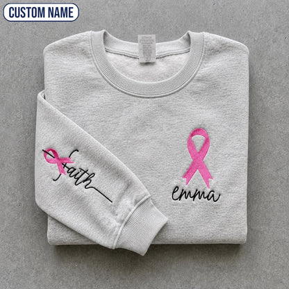 Personalized Faith Pink Ribbon Embroidered Unisex Crewneck Sweatshirt, Awareness Gift