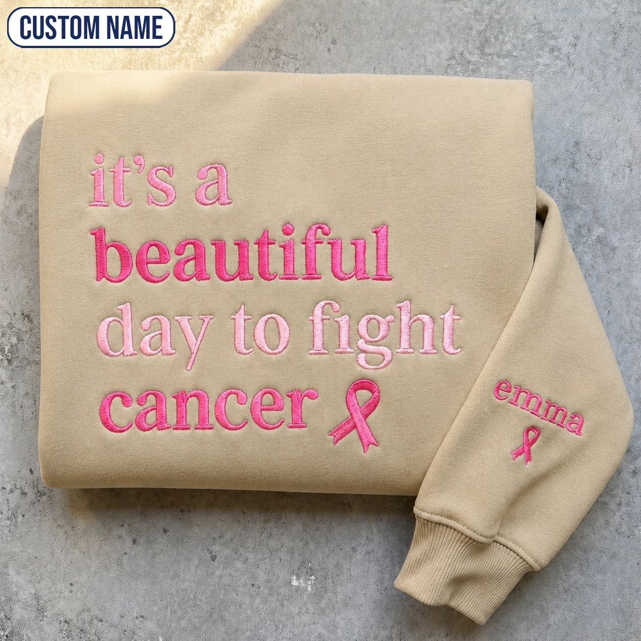 Personalized It's a Beautiful Day Embroidered Unisex Crewneck Sweatshirt, Pink Ribbon Awareness Gift