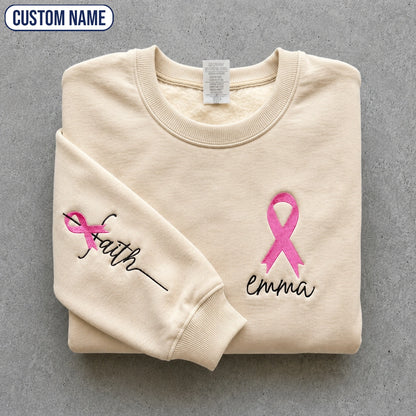 Personalized Faith Pink Ribbon Embroidered Unisex Crewneck Sweatshirt, Awareness Gift