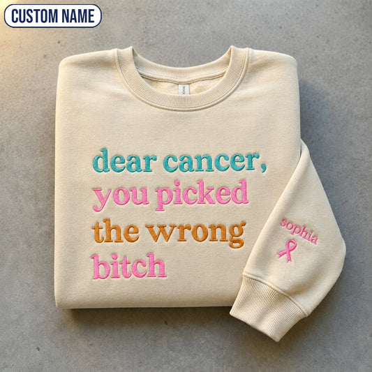 Personalized You Picked The Wrong B*tch Embroidered Unisex Crewneck Sweatshirt, Pink Ribbon Awareness Gift