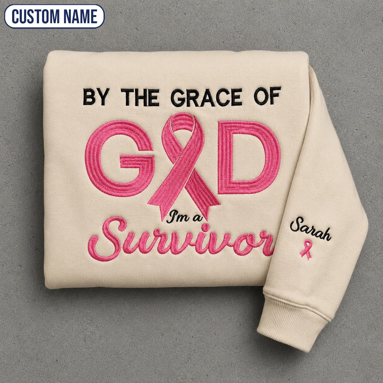 Personalized By the Grace of God Embroidered Unisex Crewneck Sweatshirt, Pink Ribbon Awareness Gift
