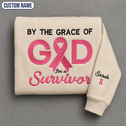 Personalized By the Grace of God Embroidered Unisex Crewneck Sweatshirt, Pink Ribbon Awareness Gift