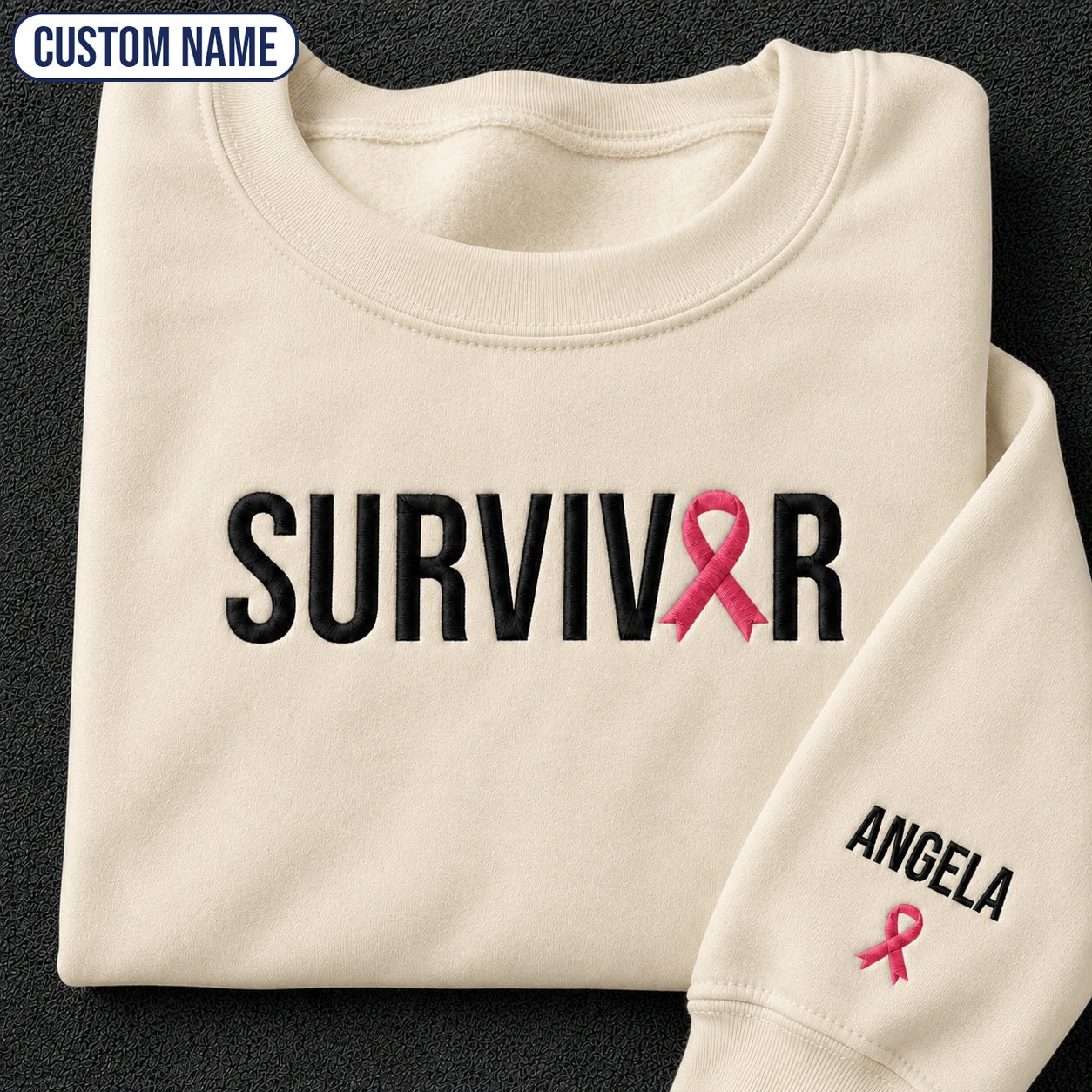 Personalized Pink Ribbon Name Embroidered Unisex Crewneck Sweatshirt, Awareness Gift