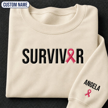 Personalized Pink Ribbon Name Embroidered Unisex Crewneck Sweatshirt, Awareness Gift