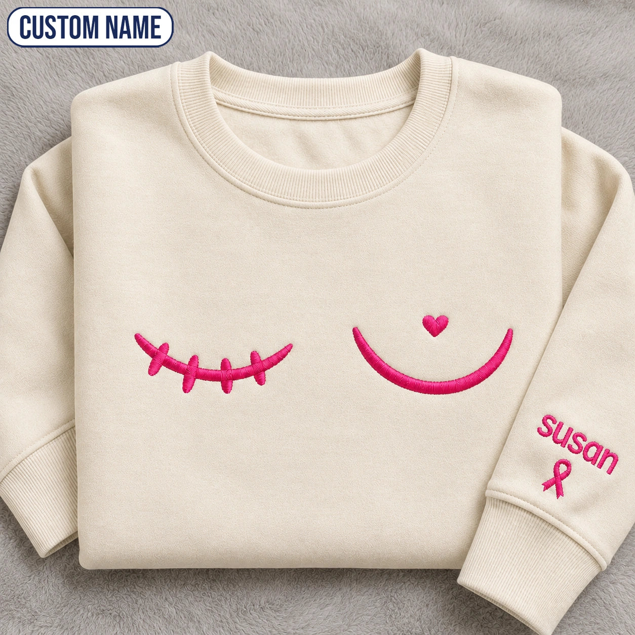 Personalized Minimal Pink Ribbon Line Embroidered Unisex Crewneck Sweatshirt, Awareness Gift