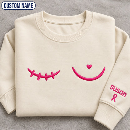 Personalized Minimal Pink Ribbon Line Embroidered Unisex Crewneck Sweatshirt, Awareness Gift