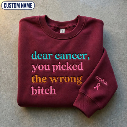 Personalized You Picked The Wrong B*tch Embroidered Unisex Crewneck Sweatshirt, Pink Ribbon Awareness Gift
