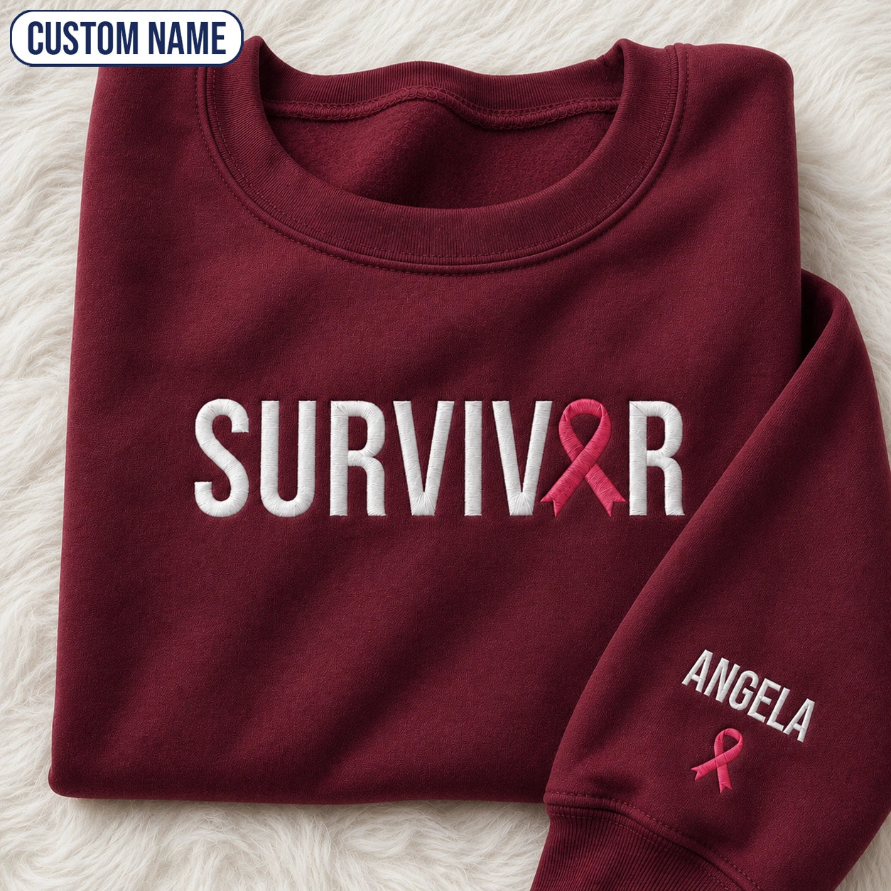Personalized Pink Ribbon Name Embroidered Unisex Crewneck Sweatshirt, Awareness Gift