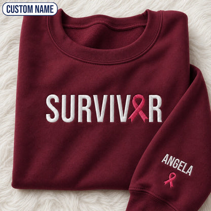 Personalized Pink Ribbon Name Embroidered Unisex Crewneck Sweatshirt, Awareness Gift