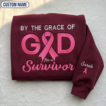 Personalized By the Grace of God Embroidered Unisex Crewneck Sweatshirt, Pink Ribbon Awareness Gift